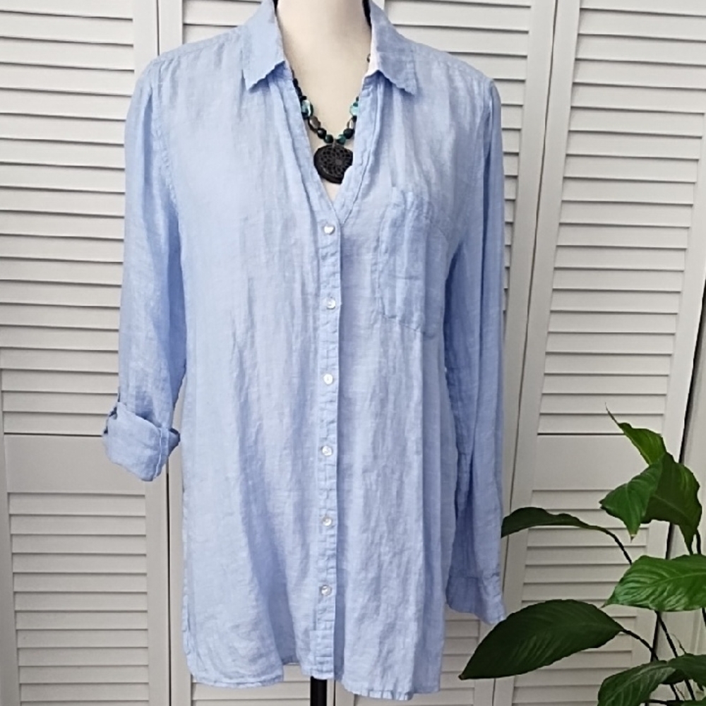 Sigrid Olsen Womens Button Up Tunic Blue Shirt